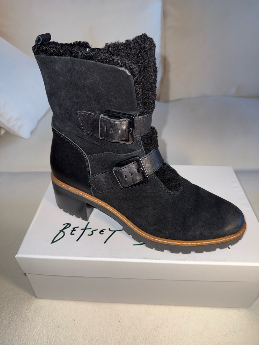 Naturalizer Black Suede Shearling-Trim Buckle Mid-Calf Boots